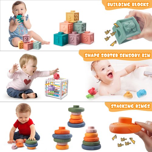 Plunack 4-in-1 Baby Toys for 6-12 Months, Montessori Soft Stacking Blocks for Babies, Infants Teething Toys, Sensory Balls and Educational Learning Set for Toddlers (Boys & Girls)