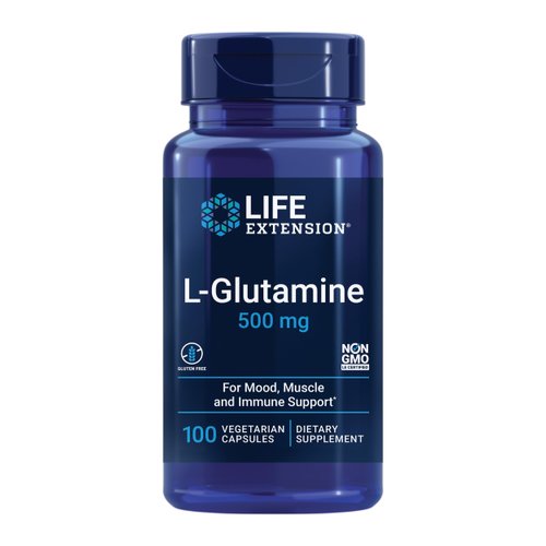 Life Extension L-Glutamine, 500 mg L-glutamine, amino acid, supports muscle health and immune health, gluten-free, non-GMO, 100 vegetarian capsules
