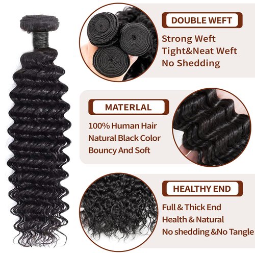Deep Wave Bundles Human Hair Brazilian Virgin Hair Deep Wave One Weave Bundle 12A Grade Unprocessed Human Hair Extensions Natural Black 1 Bundle100g/pc (Deep Wave Bundles Human Hair, 10 12 14)