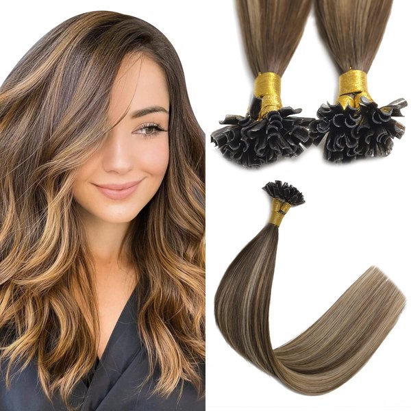 Sindra U Tip Hair Extensions Human Hair Color Balayage Chocolate Brown to Caramel Blonde 16inch New Generation Fusion Keratin Hair Extensions 50 Strand 40Grams（Utip#4/27/4-16inch）