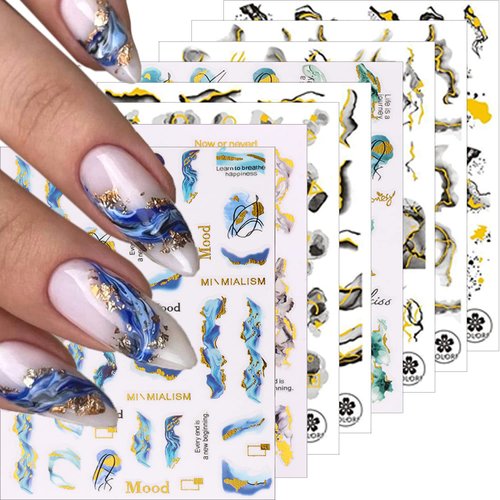 8 Sheets Designer Nail Art Stickers 3D Self-Adhesive Marble Wave Nail Decals with Gold Lines Design Nail Stickers Blue Acrylic Nail Art Supplies for Women Girls DIY Nail Decoration Accessories