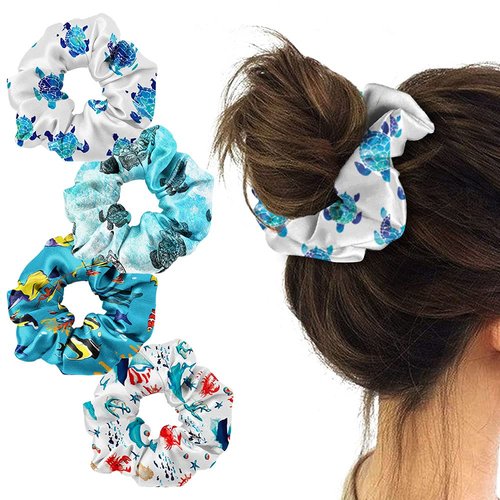WIRESTER 4 Pcs Satin Hair Scrunchies, Silk Hair Ties, Soft Elastic Hair Bands Ponytail Holder, Silky Curly Hair Accessories for Women Girls - Ocean Fish Turtles