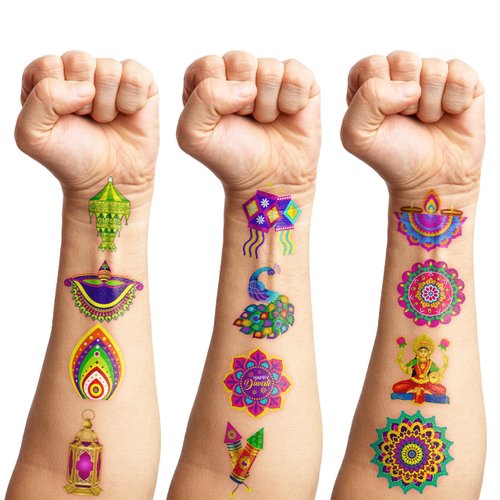 100 PCS Happy Diwali Rangoli Mandala Themed Temporary Tattoos Birthday Party Decorations Favors Supplies Cute Indian Deepavali Tattoo Stickers Party Gifts for Girls Boys Home Activity School Rewards