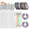 Teenitor Nail Art Brushes,3D Nail Art Paiting Polish Design Kit with 15 Nail Gel Brushes, Nail Dotting Pen 5pcs, 12 Colors Nail Rinestones 10 Adhesive Nail Striping Tape for False Acrylic Nails White
