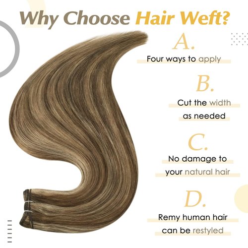 Full Shine Sew In Hair Extensions Real Human Hair Brown Highlight Blonde 20 Inch Invisible Sew In Hair Extension Real Human Hair Color 4P27 Weft Hair Extensions Long Straight Hair For Thin Hair 105G