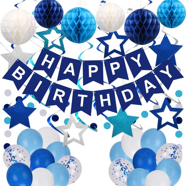 YEOCU Birthday Decorations, Happy Birthday Banner with Birthday Balloons, Honeycomb Balls, Hanging Swirls, Circle Dots Garland, Happy Birthday Party Decorations for Women Men Boys Girls (Blue)