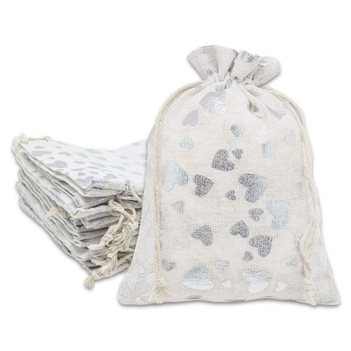 12-pack - 6x8 Reusable Cotton Canvas Muslin Gift Bags w. Drawstring for Presents, Party Favors, Samples (Silver Hearts, Medium) by TheDisplayGuys
