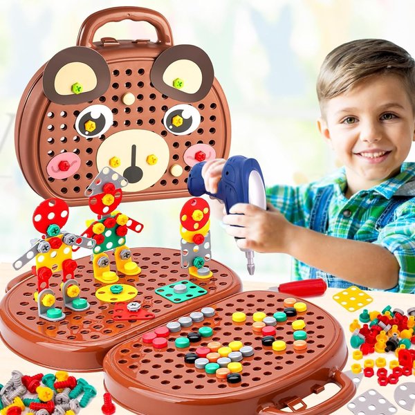 Magic Montessori Play Toolbox - Magic Montessori Play Toolbox Bear with Drill, Creative Mosaic Puzzle Toy Screw Tool Setfor Kids Ages 3-12 Years Old, Educational Toy, Children's Birthday Gifts (Brown)