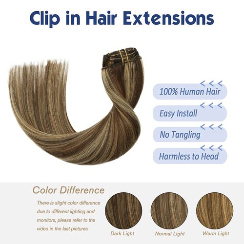 HUAYI Clip in Real Human Balayage Hair Extensions Chocolate Brown To Caramel Blonde 20in 70g 7pcs Straight Silky Hair Extensions For Women(20inch 7pcs 70g)