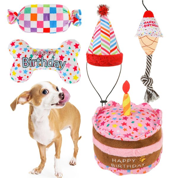 SCENEREAL Dog Birthday Squeaky Toy Set, 5 Pcs Stuffed Plush Pet Toys Birthday Gift for Dogs Boys and Girls Birthday Party, Cute Durable Interactive Puppy Teething Chew Toys for Small Medium Dogs