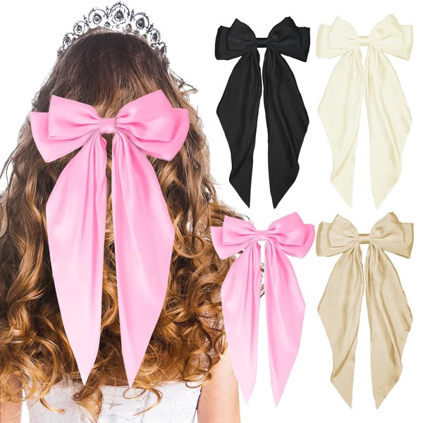 LSxia 4PCS Hair Bows for Women, [Black & Pink & Khaki & Beige White] Hair Bows for Hair, Big Silky Satin Hair Bow Hair Ribbons, Bow Hair Clips Bow Clips for Women, Cute Hair Accessories (Set F)