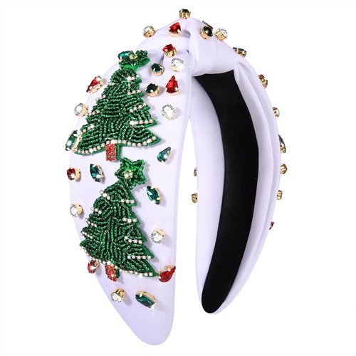 Christmas Tree Knotted Headband for Women Pearl Rhinestone Jewelry Christmas Tree Beaded Hairband Winter Holliday Wide Knot Headband Christmas Party Favors Gifts