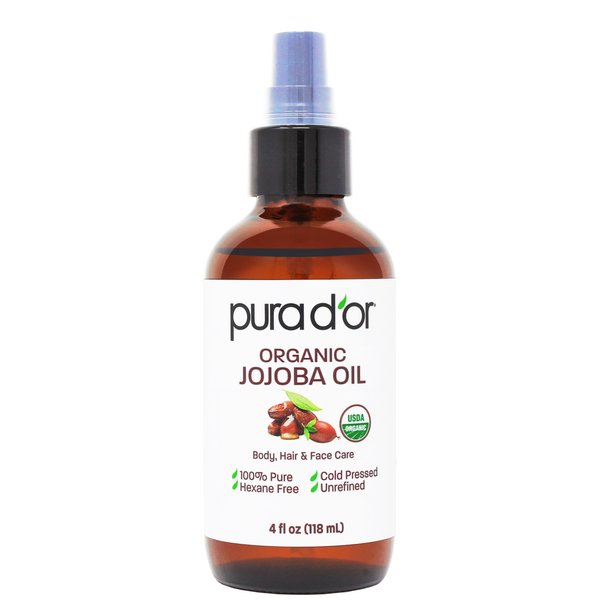 PURA D'OR 4 Oz Organic Jojoba Oil - USDA Certified - 100% Pure & Natural Moisturizer - Cold Pressed, Unrefined, Hexane Free Base Carrier Oil For DIY Skin Care, Hair, Face & Nails