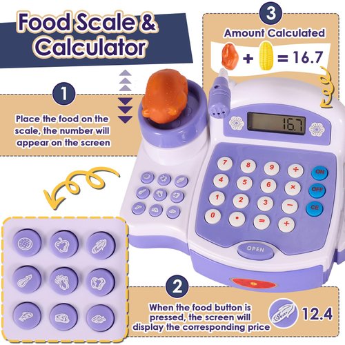 BUYGER Toy Cash Register for Kids with Real Calculator, Light and Sound Scanner, Microphone, Pretend Play Shopping Food Toys - Cashier Playset Gifts for Ages 3 4 5