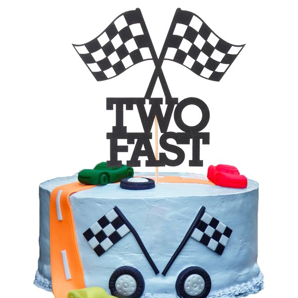 Two Fast Birthday Cake Topper - Race Car Theme 2nd Birthday Party Decoration, Boy Girl Second Birthday Flag Sign Supplies