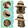 Qlenkay Straw Sun Hat with 10in Synthetic Hair Extension Short Wavy Curly Wig Wide Brim Women Adjustable Cap Detachable Hairpiece for Summer Travel Light Brown Mix Ash Blonde