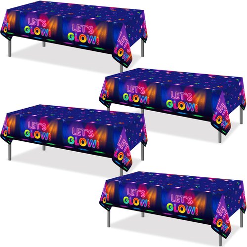 Tegeme 4 Pieces Glow Tablecloth 86 x 51 Inch Glow in The Dark Tablecloth Disposable Tablecloths for Glow Theme Neon Party Black Light Party Supplies