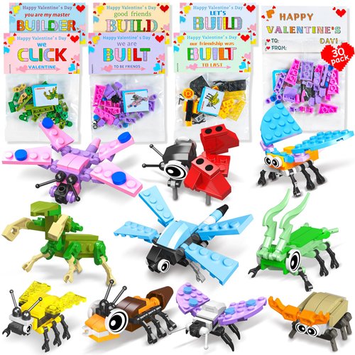 30 Pcs Valentines Day Gifts for Kids classroom-valentines insect blocks，kids valentines day cards with Animal Building Blocks for Boys Girls，Class Valentines Gifts Exchange, Party Favors,Valentines