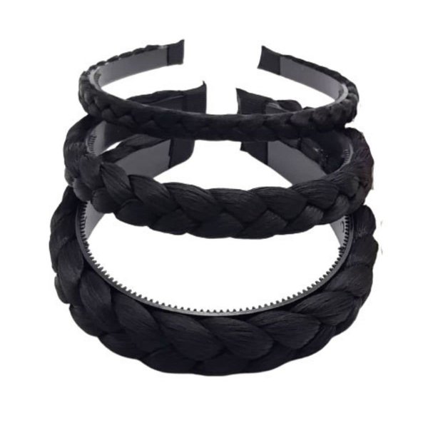 MeeTHan 3 PCS Headband Synthetic Hair Plaited Headband Braid Braided With Teeth Hair Band Accessories for Women Girl Wide 1 / 1.5 / 2.0 CM : H7 (Black-SML)