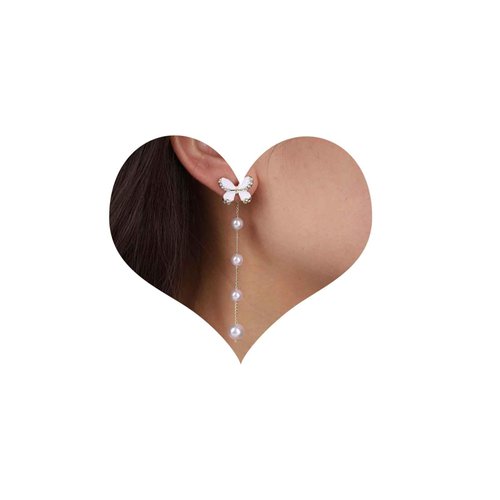 Sttiafay Vintage Crystal Butterfly Pearl Earrings Long pearl Drop Earrings Gold Pearl Tassel Chain Earrings Sparkly Cz Butterfly Stud Earrings Jewelry for Women and Girls