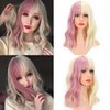 Blonde Wigs with a Purple Pink Streak Blonde and Pink Wavy Wigs With Bangs Shoulder Medium Length Synthetic Wig For Women Curly Wavy Halloween Cosplay Wig for Girl Costume Wigs(12"Blonde Mixed Pink)