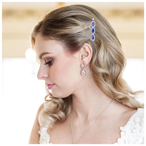 Andelaisi Vintage Sapphire Crystal Hair Pin Barrettes Blue Crystal Wedding Hair Barrette Silver Crystal Hair Clip Bling Cz Hair Pins Hairclip Decorative Bobby Pins Bridal Hair Accessories(Style B)