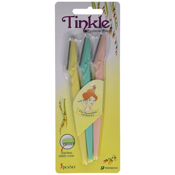 Dorco Tinkle Eyebrow Razor | 3 Pack Hair Trimmer & Dermaplane Tool | Facial Razor with Safety Cover for Fine Hair Removal | Perfect Beauty Gift, Gift Set, Spa Day