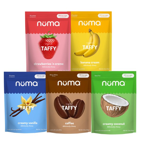 Numa Foods Healthy Chewy & Creamy Candy Variety Pack - Low Sugar, All-Natural, Gluten Free, High Protein - 5 Bags of 8 Individually Wrapped Chews Each of Vanilla, Banana, Strawberry, Coconut, Coffee