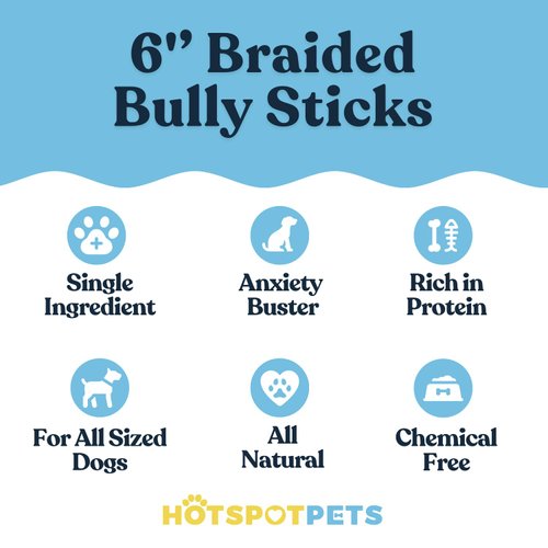 hotspot pets 6-Inch Braided Bully Sticks for Dogs – All-Natural, Long-Lasting Chews – Low Odor, Fully Digestible, High-Protein Treats – Rawhide-Free Dental Chews for Aggressive Chewers (8 Ounce)