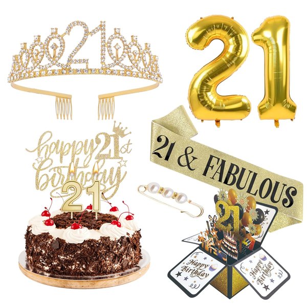 21st Birthday decorations for her,Include 21st birthday crown,3D Birthday Card,21st Birthday Sash with Pearl Pin,Cake topper,Number Candles and Balloons,21st birthday gifts for women,Gold