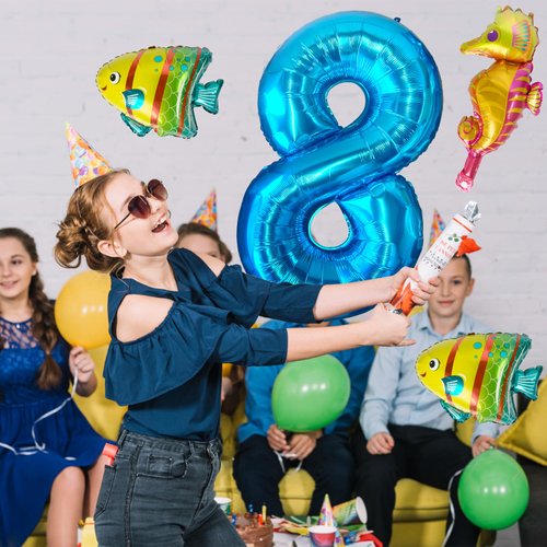 40 Inch Under the Sea Blue Number 8 Balloon, Mini Sea Animal Balloons Ocean Animal Foil Balloon, Seahorse Fish Balloons for Boys Girls Sea Theme 8th Birthday Baby Shower Party Decoration