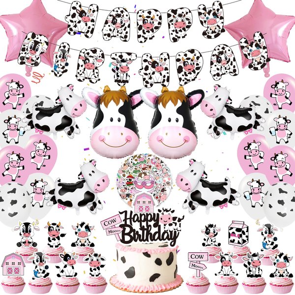 Cow Birthday Party Decorations - Cow Print Party Decorations Cow Print Balloon Cow Foil Balloons Cow Print Banners Cake Toppers Stickers for Cowgirl Baby Shower Farm Animal Cow Themed Party Decor