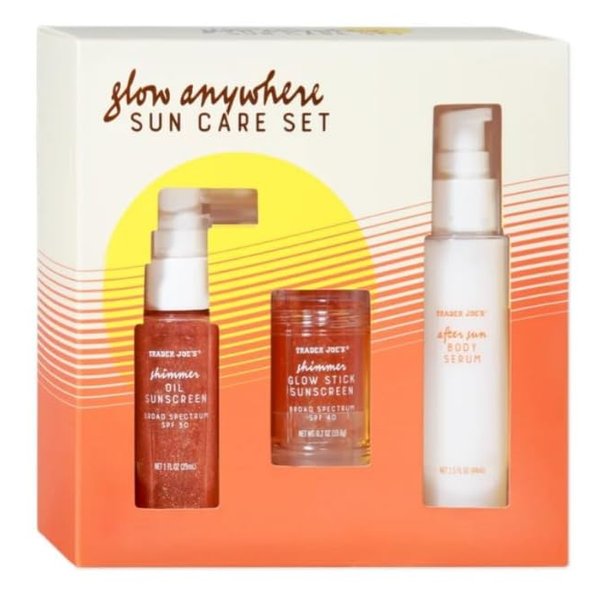Glow anywhere Sun Care Set Shimmer Oil Sunscreen 1oz Shimmer Glow Stick and After Sun Serum + Sticker