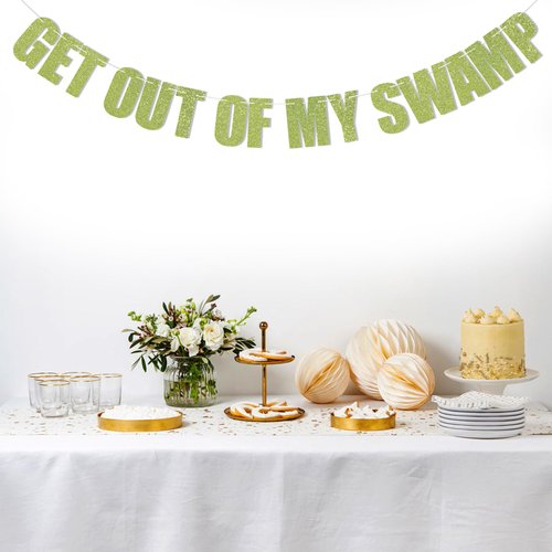 Get out of my Swamp Bunting Banner, Green Glitter Birthday Party Decorations, Funny Housewarming Party Decor