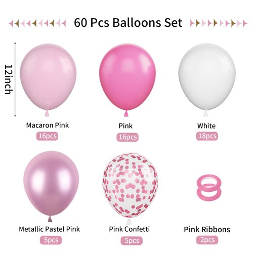 FunHot Pink Balloons, 60Pcs Pastel Pink Pearl White Latex Balloons, 12 Inch Metallic Pink Confetti Balloons Helium for Girls Princess Birthday Baby Shower Wedding Party Decorations
