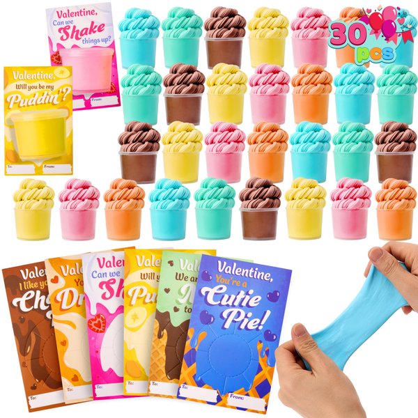 JOYIN 30 Packs Valentines Day Cards with Butter Slime, 6 Colors Valentines Slime Party Favors, Stress Relief Fidget Toys and Gift Cards for Kids Valentine's Day Classroom Exchange Gift, Prizes