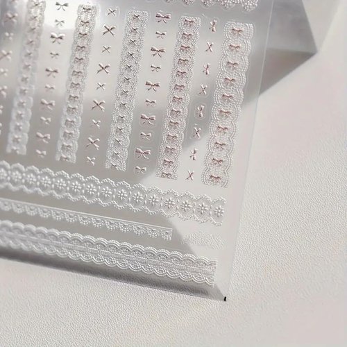 Lace Bowknot Nail Art Stickers 5D Embossed Nail Stickers Pink Bowknot White Lace 3D Self Adhesive Nail Art Supplies Decals Retro Sweet Bow Knot Vintage Manicure Sliders Accessories for Women Girls