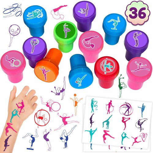 36PCS Gymnastic Party Favors 24 Tattoos Sticker 12 Stamp Set - Ideal Gymnastics Themed Birthday Decor Supplies Goodie Bag, Classroom Gifts, Cute Rewards for Girls, Baby Shower Prizes Multicolor