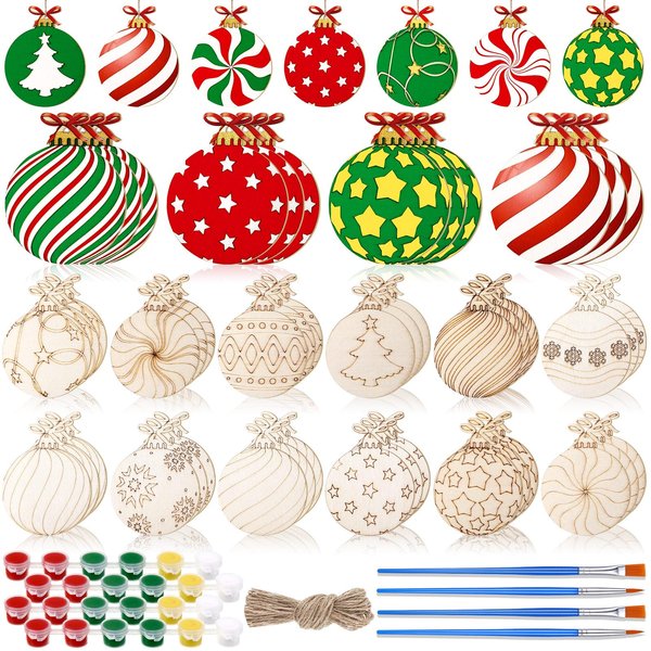 Cinnvoice 60 Pcs Wood Christmas Crafts for Kids DIY Paint Xmas Ornaments Blank Unfinished Wooden Cutouts Shapes Slices Hanging Embellishment for Christmas Tree Holiday Party Decor(Ball)