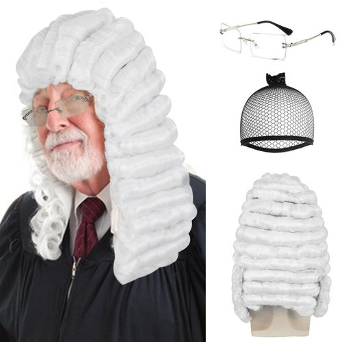 Ebingoo White Judge Wig + Glasses + Wig Cap Judge Colonial Wig Adult Judge Costume Accessories White Lawyer Wig for Men Halloween Party Costume Cosplay