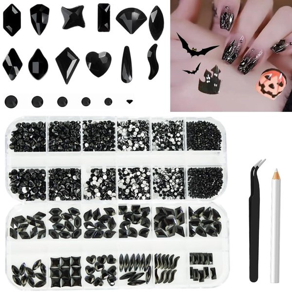 2680Pcs Black Rhinestones for Nails, Big Black Nails Charms with Small Sequined Flatback Round Beads, Black Glitter Clear Glass Diamond Stones for DIY Faces Eyes Makeup Crafts Decoration