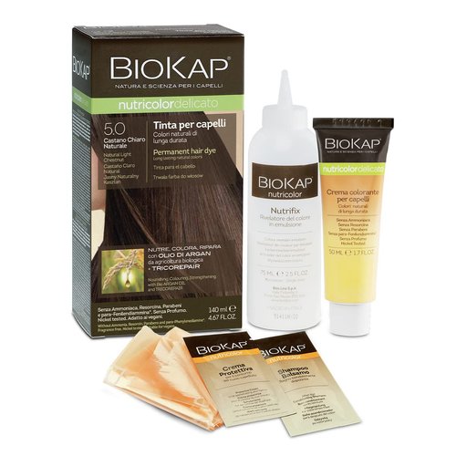 Permanent hair dye by BIOKAP, long lasting natural hair color for 100% gray hair coverage with TRICOREPAIR complex, 4.67 ounce, one treatment, Natural Light Chestnut 5.0