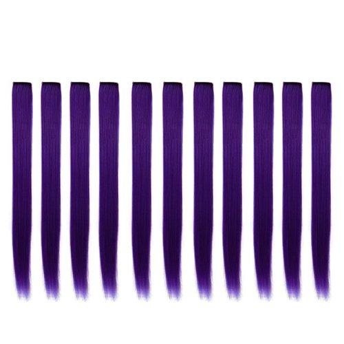 Beaute Galleria Bundle 11 Pieces Single Color 21 Inches Straight Party Highlights Clip In Synthetic Hair Extensions Cosplay Comic Con Halloween Costume (Purple)
