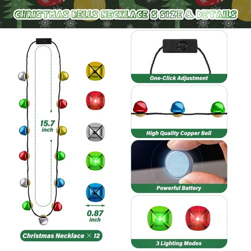 Christmas Necklace Party Favors, 12PCS Bell Light up Christmas Necklace Women Men, Glow Jingle Necklaces with 13 Bells, Colorful Christmas Accessories for Ugly Sweater New Year Party Supplies Bulk