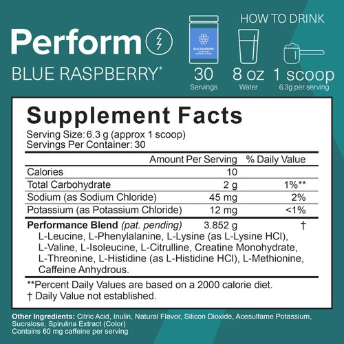 The Amino CO. - Perform - Pre Workout Powder for Men and Women - Pure Eaa Amino Acids Preworkout Supplement with Blue Raspberry Flavor - (6.7oz)