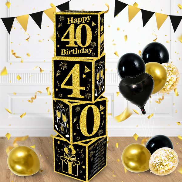TONIFUL 4 Pcs 40th Birthday Decorations Boxes for Men Women,Fourty Years Old Birthday Cardboard Box Party Supplies,Black and Gold 40th Birthday Party Decorations