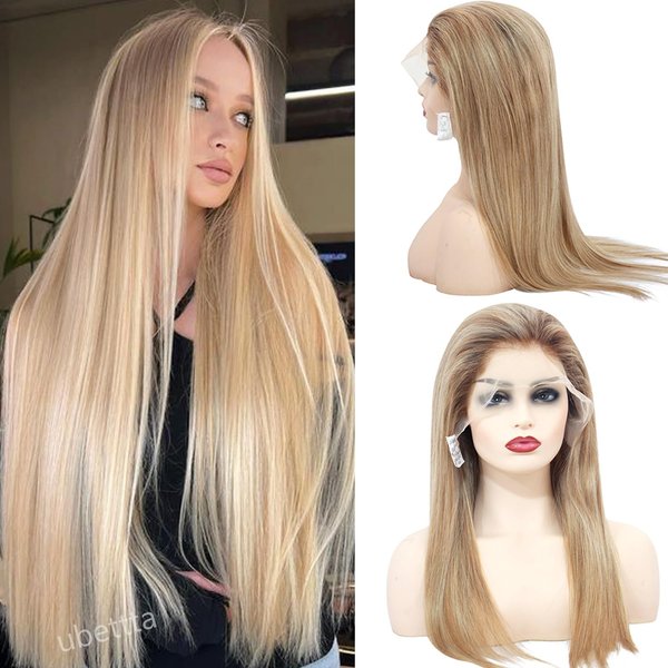 Ombre Balayage Blonde Wig Human Hair Lace Front Wigs 13x4 HD Glueless Wigs Human Hair Pre Plucked Lace Front Wigs Human Hair 180% Density Brown to Blonde Highlights Human Hair Lace Front Wig 28 Inch