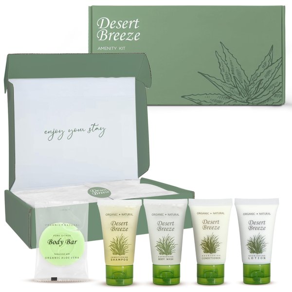 Desert Breeze Amenity Kit | Boxed Hotel Toiletries | Bulk Set 1oz Travel Size Shampoo, Conditioner, Lotion, Body Wash & Body Bar Soap for Guest Hospitality AirBnB/Vacation Rentals | 1 set per case