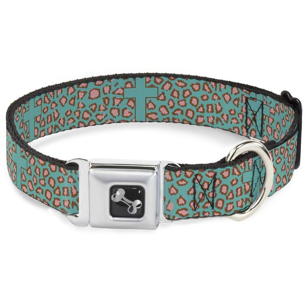 Buckle-Down 11-17" Cross Repeat Leopard Turquoise/Pink Dog Collar Bone, Medium