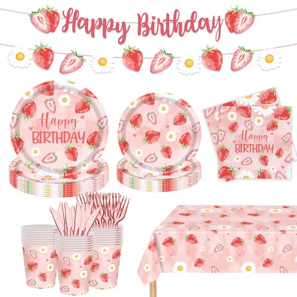122PCS Strawberry Birthday Supplies for Girls Kids Happy 1st 2nd Birthday Party Decorations Berry Disposable Plates Napkins Cups and Forks Knives Tableware Serves 20 Guests